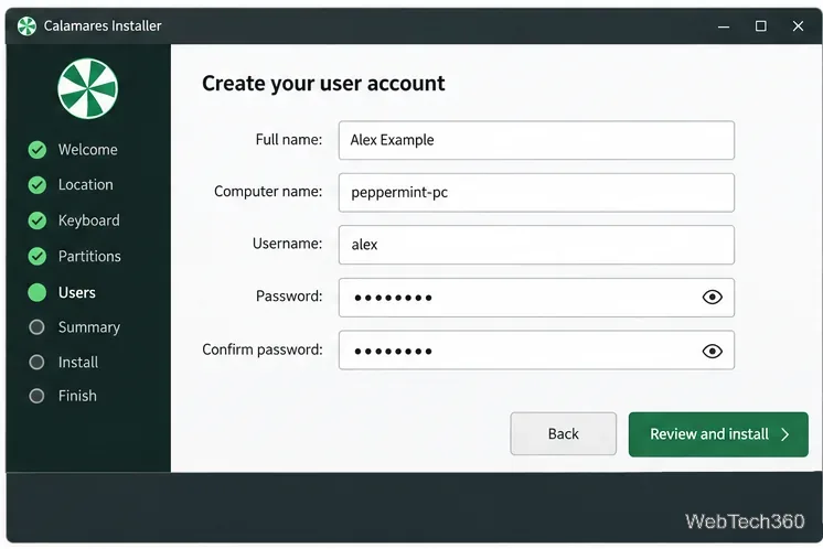 Installer account form for full name, computer name, username, and password