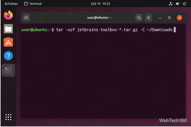 Linux 終端機將 JetBrains Toolbox 壓縮包解壓縮到 Downloads 資料夾