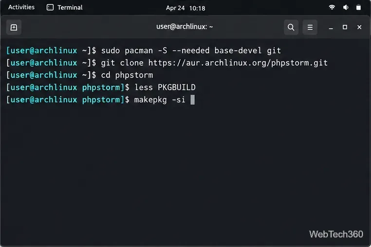 Arch Linux 終端機顯示 AUR 設定指令、PKGBUILD 預覽和 makepkg 指令。