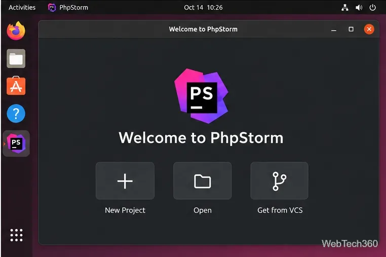 PhpStorm 歡迎畫面,包含「新項目」、「開啟」和「從版本控制系統取得」操作