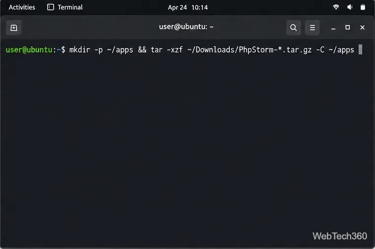 Linux 終端機正在將 PhpStorm tar.gz 歸檔檔案解壓縮到使用者擁有的應用程式目錄中。