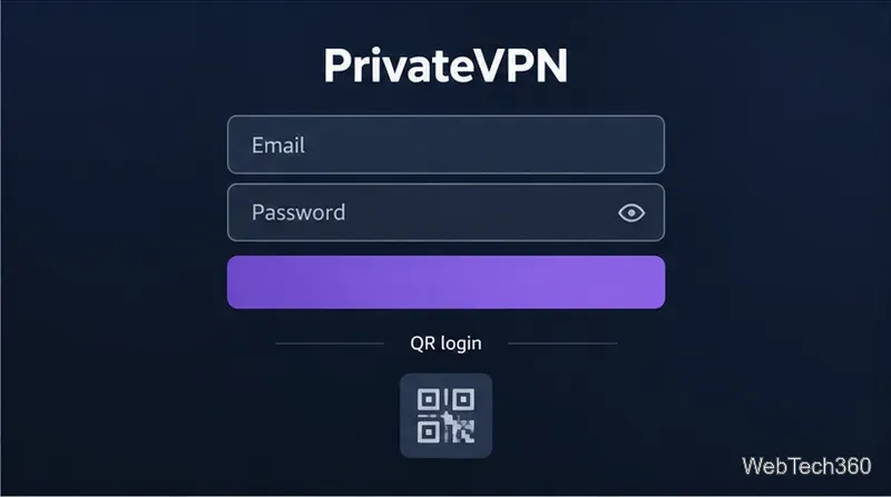 電視螢幕上顯示 PrivateVPN 登入介面,包含電子郵件和密碼輸入框以及二維碼登入選項。