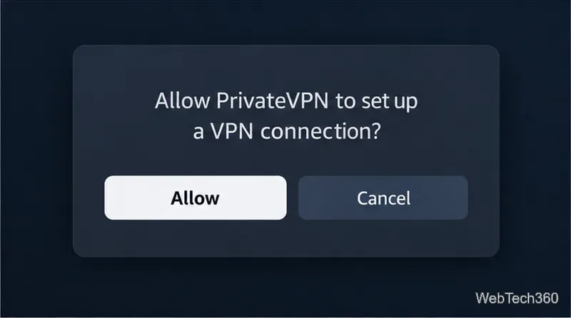 系統對話方塊詢問 PrivateVPN 是否可以建立 VPN 連接,提供「允許」和「取消」選項。