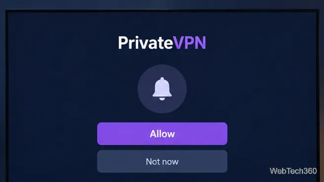 電視螢幕上會彈出 PrivateVPN 通知提示,提供「允許」和「暫不」選項。
