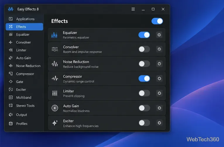 Vizualizarea efectelor cu efectul Egalizator activat