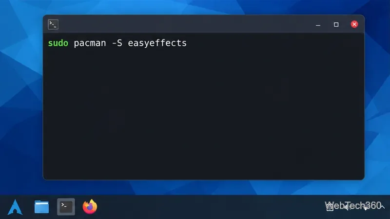 Terminal Arch Linux care afișează comanda pacman pentru Easy Effects