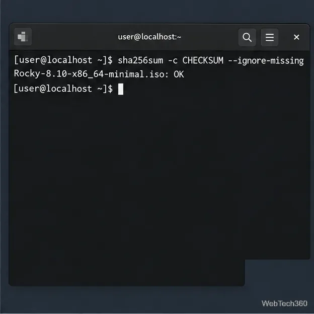 Terminal Linux affichant la commande de vérification CHECKSUM et un résultat positif pour l'ISO minimale de Rocky Linux 8.10