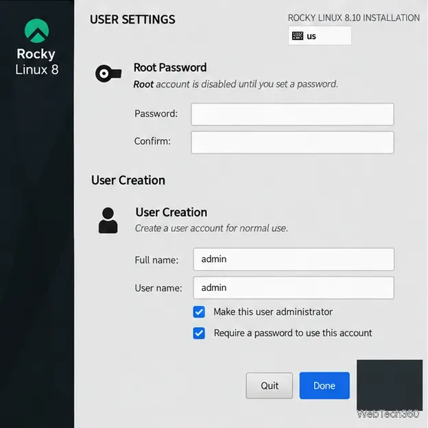 Écran des paramètres utilisateur de Rocky Linux 8.10 avec les champs de mot de passe root vides et un compte administrateur protégé par mot de passe sélectionné