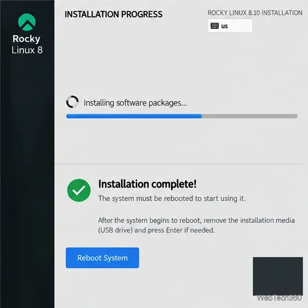 Écrans de progression et de fin d'installation de Rocky Linux 8.10 avec le bouton « Redémarrer le système » et la notification de retrait de la clé USB