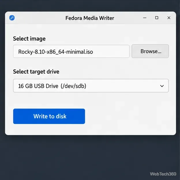 Sélection de Fedora Media Writer avec une image ISO minimale de Rocky Linux 8.10 et une clé USB de 16 Go