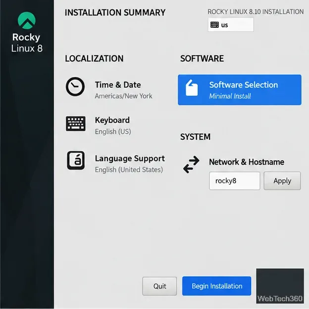 Résumé de l'installation de Rocky Linux 8.10 : sélection des logiciels, date et heure, clavier, langues prises en charge, réseau et nom d'hôte
