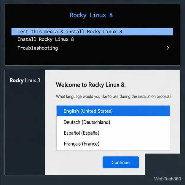 Menu de démarrage de Rocky Linux 8 avec l'option « Tester ce support et installer » sélectionnée, suivi de l'écran de langue anglaise