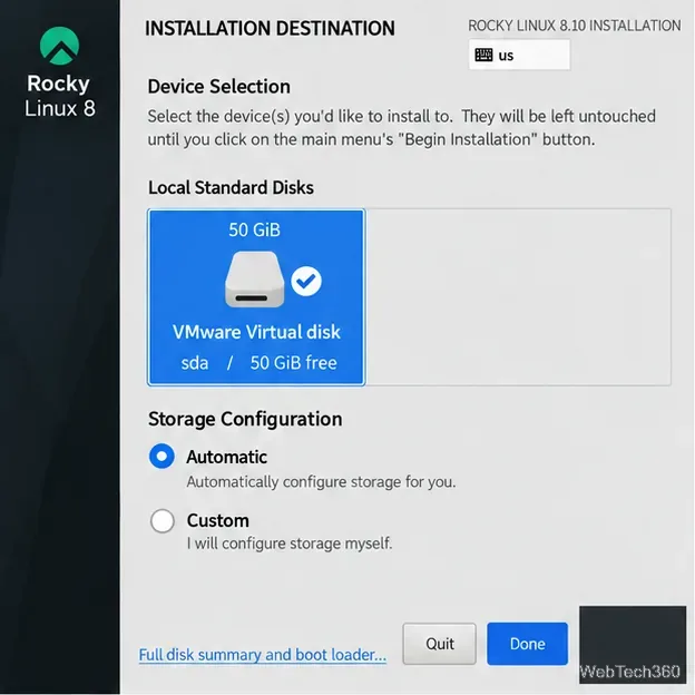 Écran de destination d'installation de Rocky Linux 8.10 avec un disque virtuel sélectionné et la configuration de stockage automatique choisie.