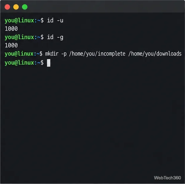 Linux terminal showing commands to check numeric user and group IDs and create the SABnzbd download directories
