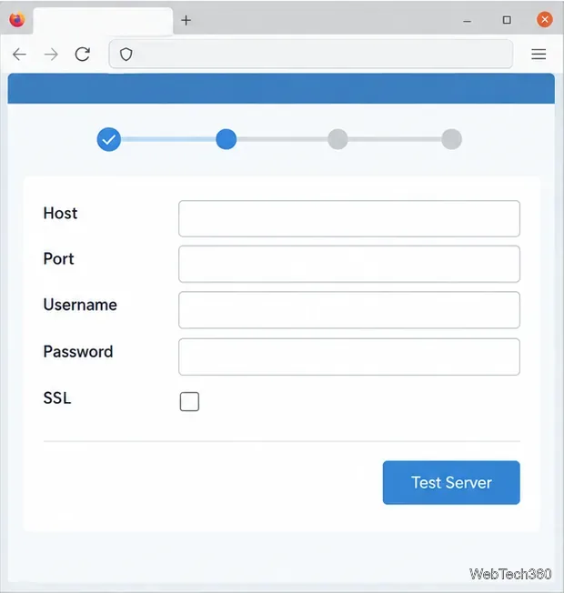 SABnzbd server setup screen with Host, Port, Username, Password, SSL, and Test Server controls