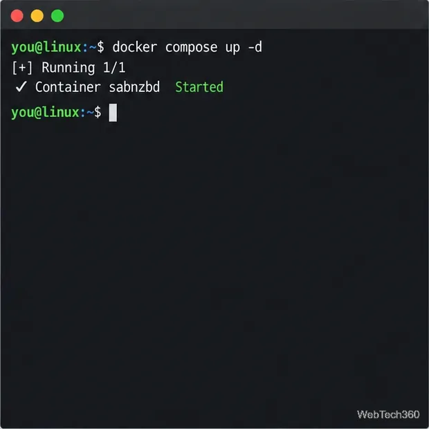 Linux terminal showing docker compose up -d and a successful SABnzbd container start