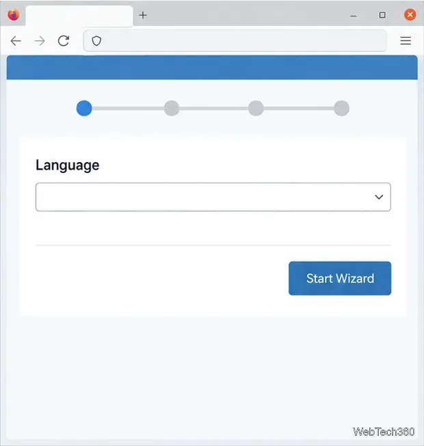SABnzbd first-run browser wizard with a language selector and Start Wizard button