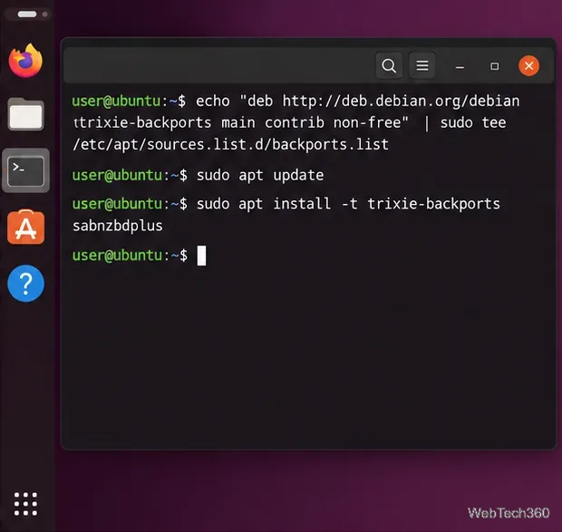 Debian terminal showing the Trixie Backports source entry and the command to install sabnzbdplus from Backports