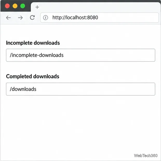 SABnzbd folder settings in a browser with incomplete downloads mapped to /incomplete-downloads and completed downloads to /downloads