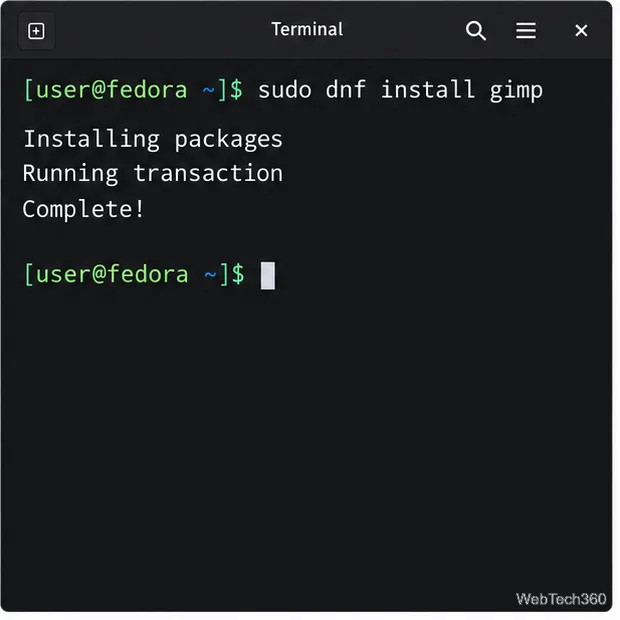 Terminal showing a completed DNF installation and a returned shell prompt