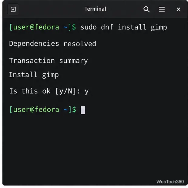 Fedora Terminal showing sudo dnf install gimp and a transaction confirmation prompt
