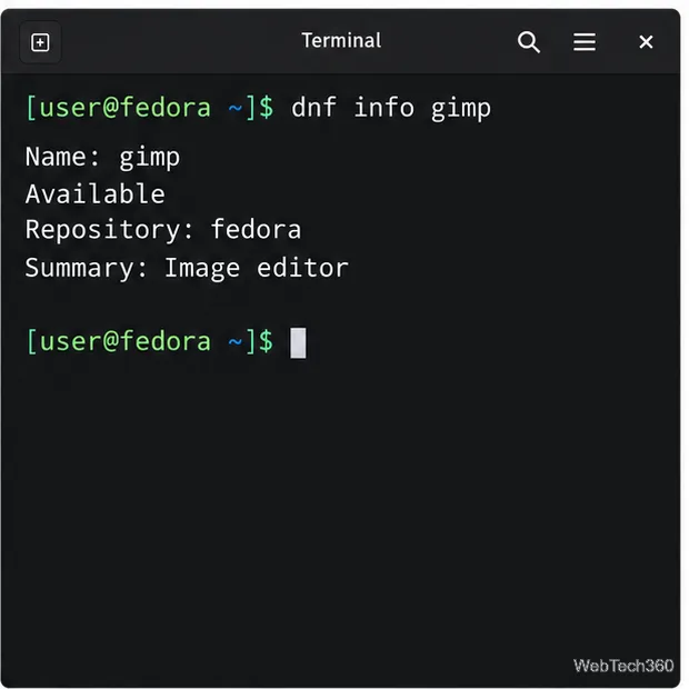 Terminal output for dnf info gimp with the package name, Fedora repository, and summary