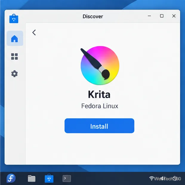 KDE Discover details page for Krita showing Fedora Linux as the source and an Install button