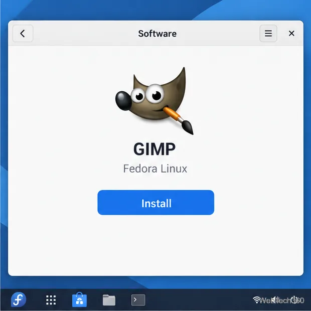 GNOME Software details page for GIMP with the Fedora Linux source and an Install button