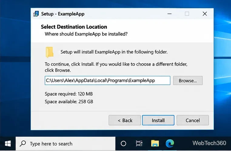 Иллюстрация установщика Windows 10 с использованием места назначения для каждого пользователя в папке AppData Local Programs.