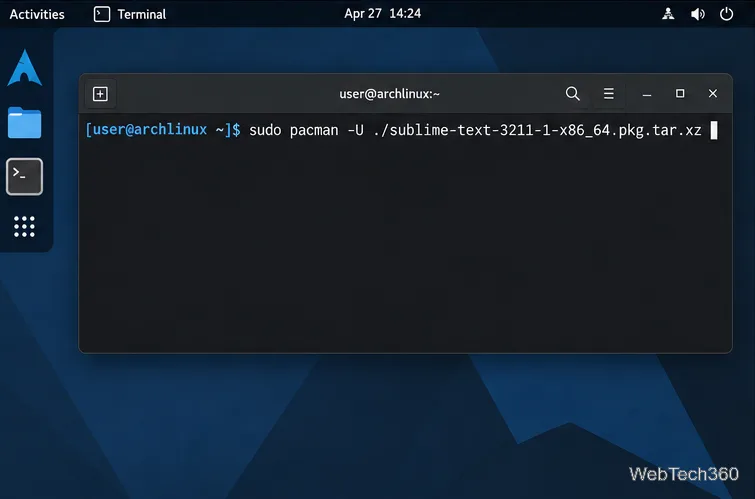 Commande terminal Arch Linux pour installer l'archive du paquet Sublime Text 3 avec Pacman