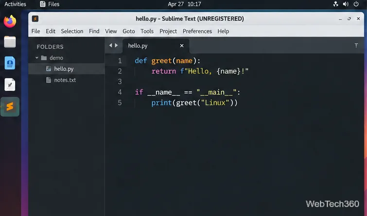 Après l'installation, la fenêtre de l'éditeur Sublime Text s'ouvre sur un court fichier Python.