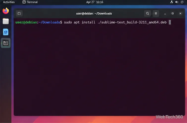 Commande terminal Debian installant le paquet Sublime Text 3 Build 3211 téléchargé avec APT