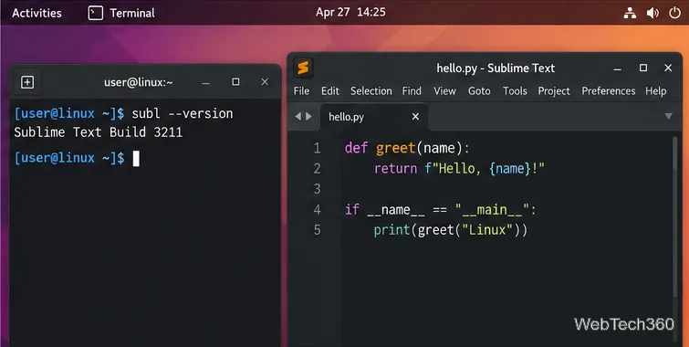 Terminal Linux affichant Sublime Text Build 3211 (commande de version) à côté d'une fenêtre d'éditeur ouverte