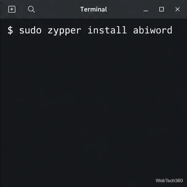 Linux terminal showing the command sudo zypper install abiword