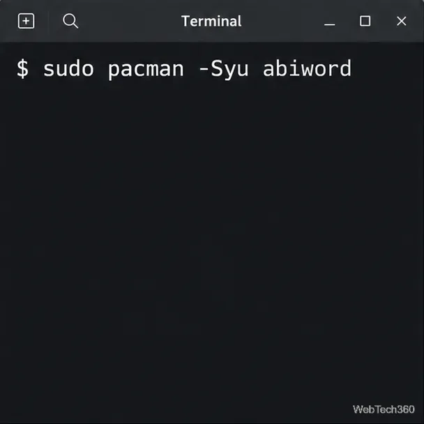 Linux terminal showing the command sudo pacman -Syu abiword