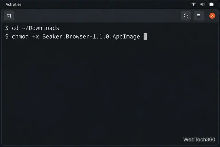 Commandes du terminal Linux pour ouvrir le dossier Téléchargements et rendre l'AppImage de Beaker exécutable