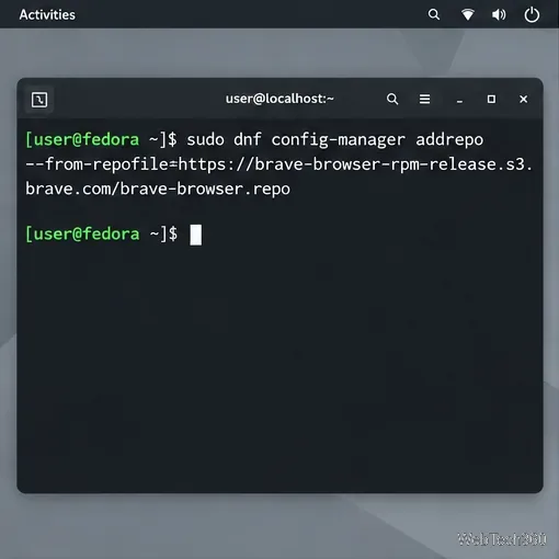 Fedora 終端使用 DNF5 addrepo 和 Brave 的官方 RPM 倉庫檔案。