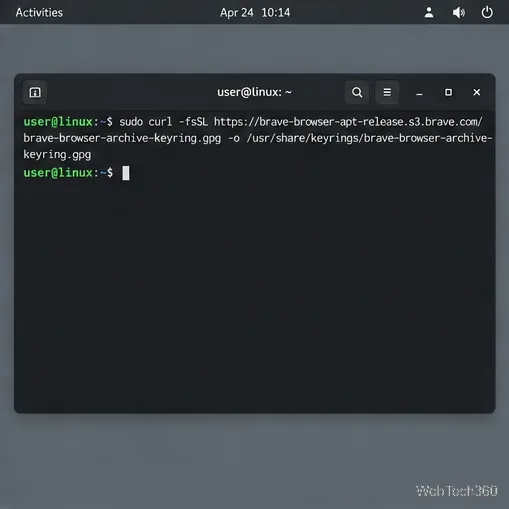 終端將 Brave 的官方 APT 存檔金鑰環保存在 /usr/share/keyrings 目錄下。