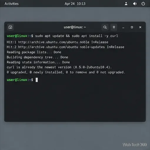 Debian 風格的終端會在安裝 Brave 瀏覽器之前使用 apt 安裝 curl。