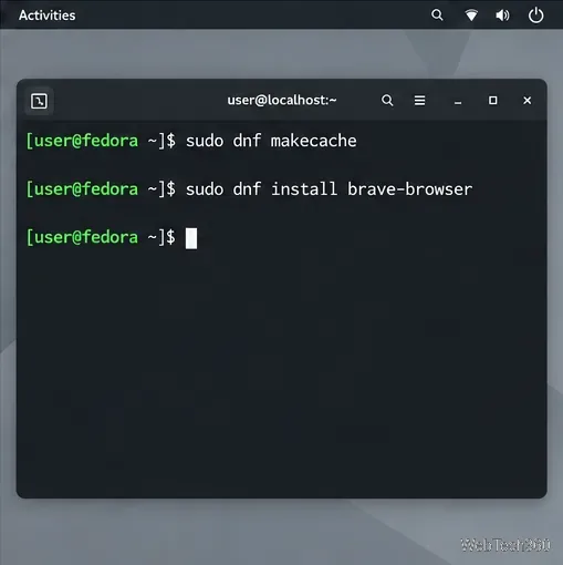 Fedora 終端刷新 DNF 元資料並重試 brave-browser 安裝指令。