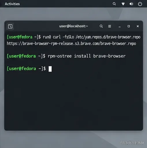 Fedora 終端下載 brave-browser.repo 並使用 rpm-ostree 安裝 Brave。