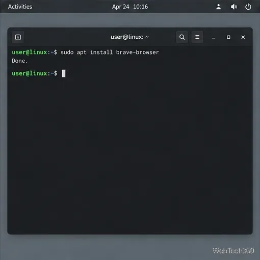 終端機運行 apt install brave-browser 命令,然後返回提示符。