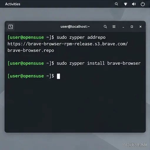 openSUSE 終端機新增了 Brave 的 RPM 儲存庫,並使用 zypper 安裝 brave-browser。