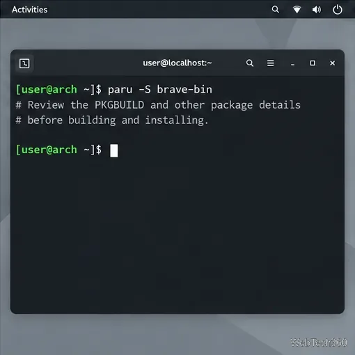 Arch 終端運行 paru -S brave-bin,並顯示提醒以查看軟體包建置詳細資訊。