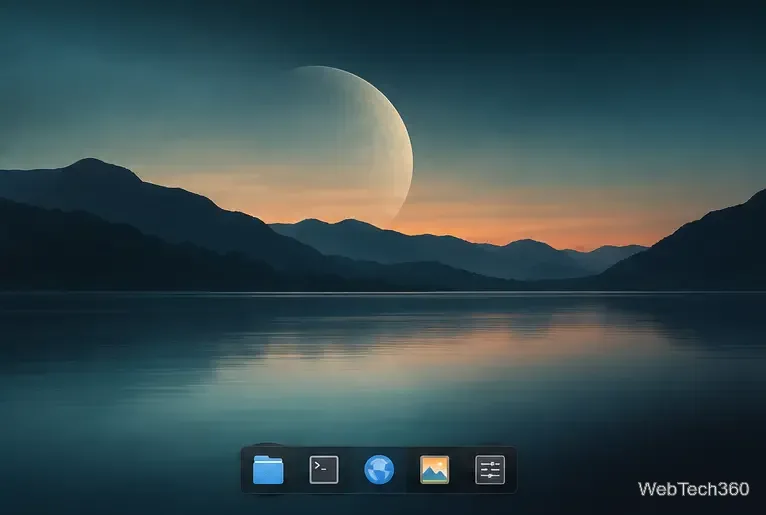 Enlightenment desktop with a slim shelf and application launchers.