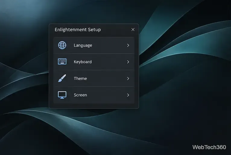 Enlightenment first-run setup dialog with language, keyboard, theme, and screen choices.