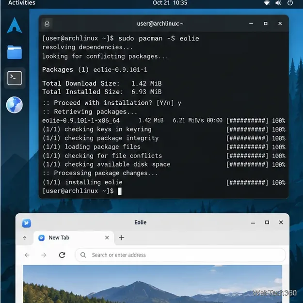 Arch Linux terminal installing the eolie package with pacman beside an Eolie window