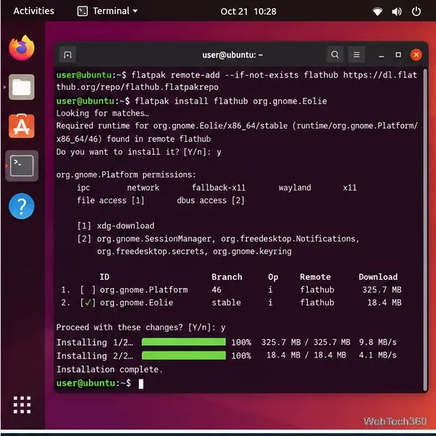 Linux terminal adding Flathub and installing org.gnome.Eolie with Flatpak