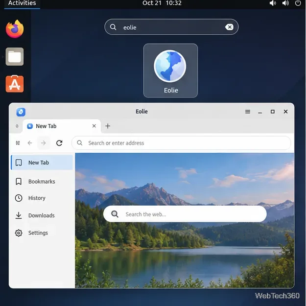 GNOME application search showing Eolie and an Eolie browser window