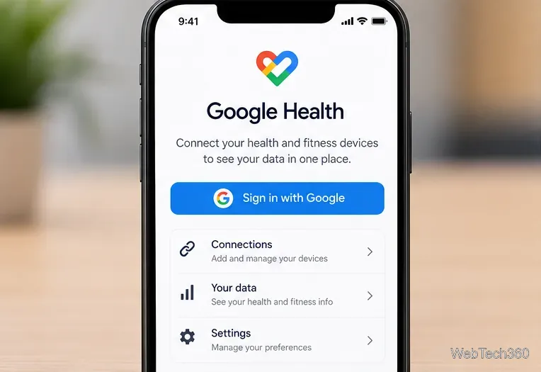 ภาพประกอบหน้าจอโทรศัพท์ Google Health พร้อมตัวเลือก "ลงชื่อเข้าใช้ด้วย Google" และ "การเชื่อมต่อ"